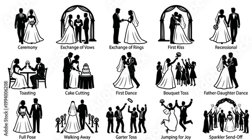 Wedding Marriage Ceremony and Reception Black Silhouette Glyphs Icons Set
