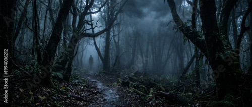 Eerie Foggy Forest Path with Mysterious Silhouette