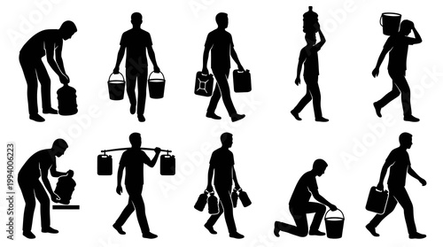 Diverse Silhouettes of People Carrying Water Jugs and Buckets