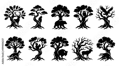 Black  White Stylized Wildlife Nature Animal Tree Silhouettes Vector Logo Set