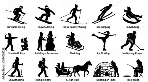 Black Silhouette Winter Sports Activities Vector Icons Set. People enjoying cold weather recreation.