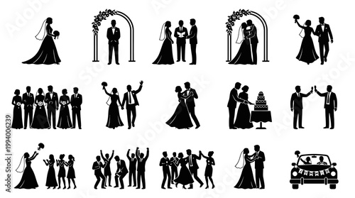 Marriage Celebration Silhouettes: Wedding Party, Couples  Ceremony Vector Icons