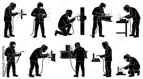 Industrial Welders Silhouette Glyph Icons Set - Construction  Manufacturing Workers