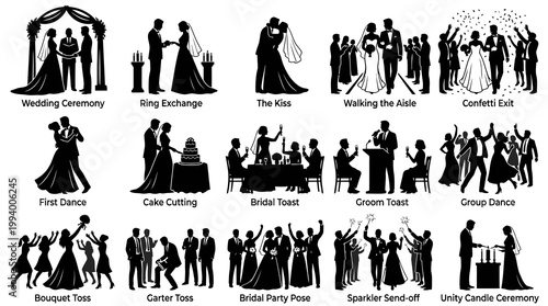 Wedding Event Activities Silhouette Icons Set - Marriage Ceremony and Reception Vector Glyphs