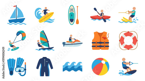 Water Sports Equipment and Activities Flat Vector Icons Set