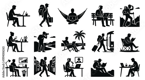 Digital Nomad Remote Work Lifestyle Silhouette Icons Set - Travel, Productivity  Freelance