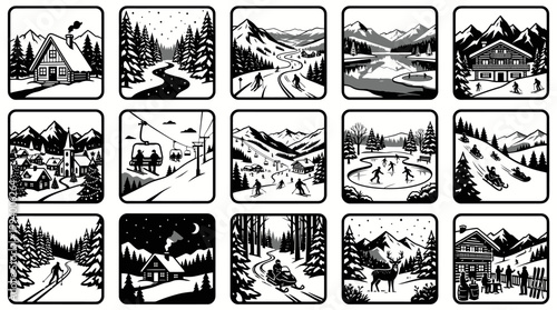 Winter Mountain Sports  Recreation Black White Line Art Illustrations Set