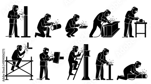 Industrial Welders Glyph Set: Construction and Manufacturing Worker Black and White Pictograms