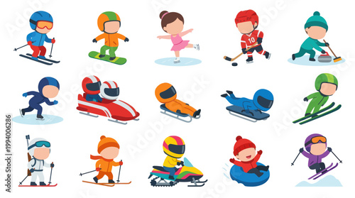 Cartoon Kids Winter Sports Characters Flat Design Vector Pack
