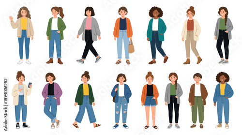 Flat Illustration of Diverse Women in Casual Outfits, Fashion Vector Art