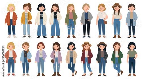 Collection of Diverse Female Characters in Casual Fashion - Flat Style Vector Art
