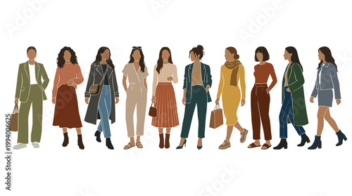 Flat illustration of diverse women in stylish fall fashion outfits