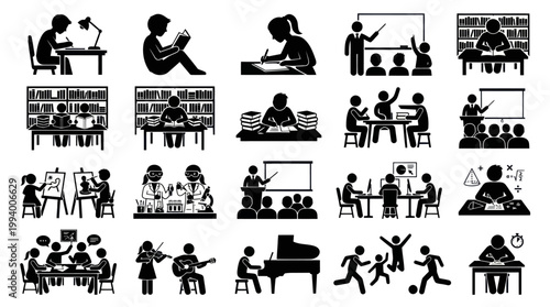 Education Icons: Learning, Study, School, Art, Music, Science, Teamwork, Play