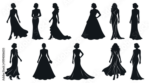 Black Silhouette of Women in Elegant Evening Gowns, Vector Fashion Art