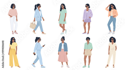 Flat Style Illustration: Diverse Women Fashionable Summer Outfits