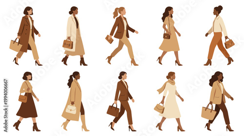Flat Vector Diverse Business Women Walking Illustration Set - Professional Fashion Lifestyle