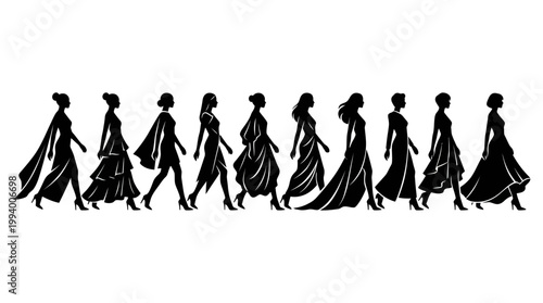 Black and White Vector Illustration: Fashion Models Walking in Elegant Gowns Silhouettes