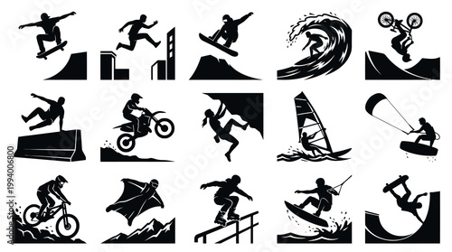 Extreme Sports Vector Icons: Black  White Silhouette Art Set