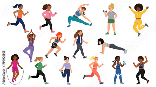 Diverse Women Exercising Collection: Health, Fitness  Sports Flat Vector Illustration