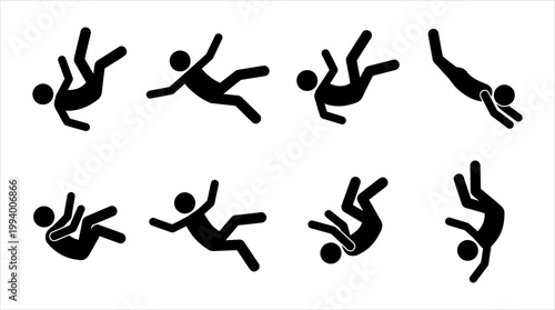 Set of black stick figure graphics showcasing different stages of falling and tripping
