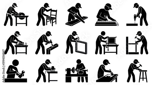 Carpenter Woodworking Craftsman Glyph Icons Set: Tools and Furniture Making Process