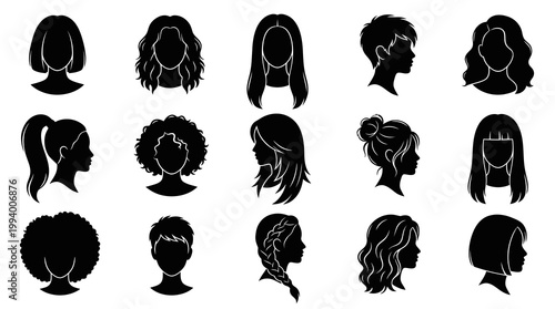 Beauty  Fashion Diverse Women's Hairstyles Black Silhouettes Glyph Icons Set