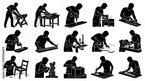 Woodworking Silhouettes: Craftsman at Work with Tools, Vector Icons