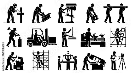Industrial Construction Manufacturing Workers Glyph Pictograms Black White Set