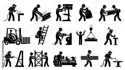 Black and White Industrial Worker Icons Set: Construction, Manufacturing, Mechanics