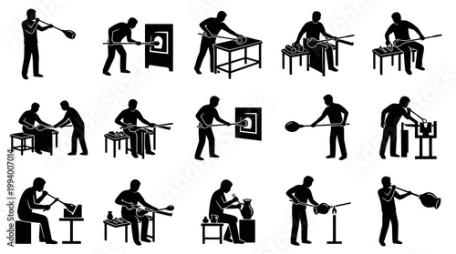 Glassblowing Process Glyph Icons Set. Artisan Glassmakers Crafting Silhouettes.