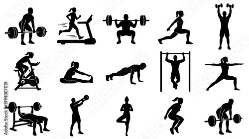 Black  White Fitness  Exercise Glyph Silhouettes Icons Set for Gym Workout  Healthy Lifestyle