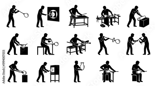 Glassblowing Industry Production Process - Artisan Craft Black  White Silhouette Icons