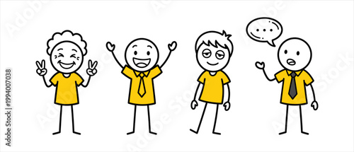 Diverse stick figure characters expressing various emotions and communication styles