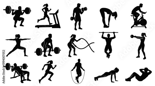 Fitness Workout Sport Gym Silhouettes Vector Icons Set with Diverse Exercise Activities