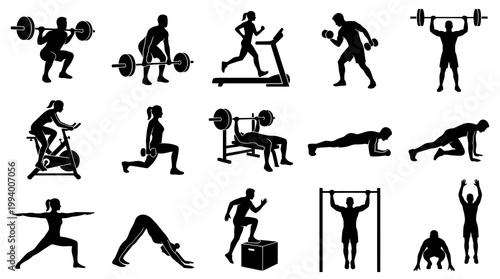 Black  White Fitness and Exercise Silhouette Icons Set