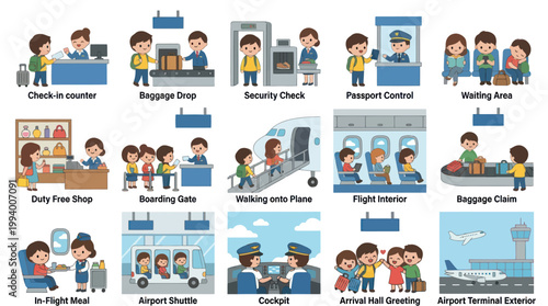 Flat Vector Icons of Airport Process for Travel and Transportation
