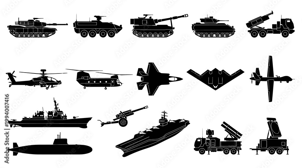 Obraz premium Military Vehicles Weapons Black Silhouette Icons Collection
