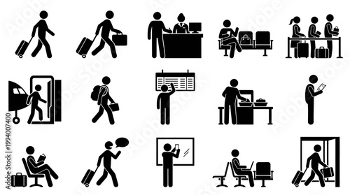 Airport Travel Passenger Journey Stick Figures Black and White Glyph Icons Set