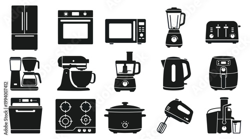 Black  White Icons of Kitchen Appliances, Cooking Equipment and Home Devices