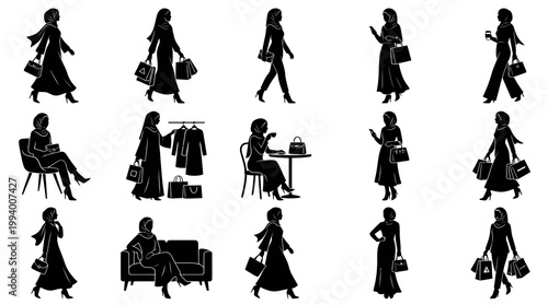 Muslim Women Lifestyle, Fashion, and Shopping Silhouette Vector Set