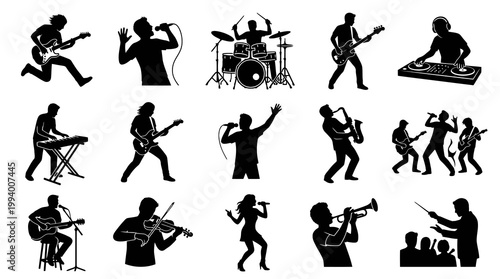 Black and white vector icons of musicians and musical instruments