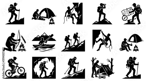 Hiking  Outdoor Adventure Icons: Camping, Climbing, Kayaking, Biking, Skiing - Black  White Glyph Style