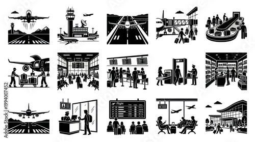 Black  White Glyph Icons: Airport Travel  Aviation Scenes Set