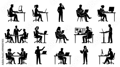 Professional Office Workers  Business Meetings - Black Silhouette Glyph Icons