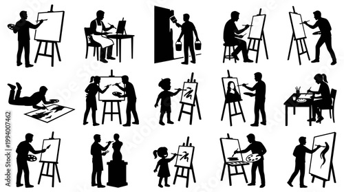 Artist painting at easel silhouette, art studio, black and white illustration