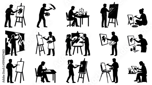 Black and White Silhouettes of Artists Painting and Drawing at Easels