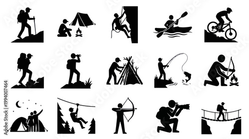 Outdoor Adventure  Nature Activities Black Silhouette Icons Set