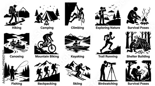 Outdoor Adventure and Survival Activities Black Glyph Vector Icons Set