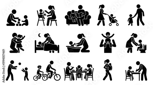 Family Life Icons Set: Parents and Children in Various Activities, Black  White Glyph