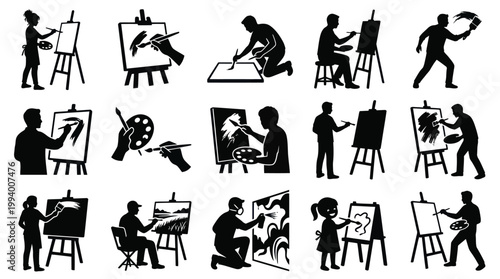 Artist Painting Silhouettes on Easel, Art Style, Black and White